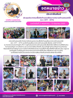 เทศบาลตำบลหนองไผ่ ดำเนินการจัดประชุมประชาคมเพื่อจัดทำแผนพัฒนาเทศบาลตำบลหนองไผ่ (พ.ศ. 2571 – 2575) และจัดทำแผนพัฒนาเทศบาลตำบลหนองไผ่ เพิ่มเติม ฉบับที่ 9/2569 ณ ศาลาประชาคมประจำหมู่บ้าน ทั้ง 12 หมู่บ้านในเขตเทศบาลตำบลหนองไผ่